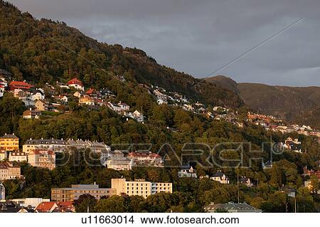 Buildings on the side of a mountain, Bergen, Norway View Large Photo Image Picture - Buildings on the side of a mountain, Bergen, Norway. Fotosearch