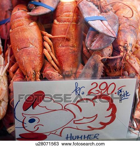 Stock Image - Close-up of lobsters at a market stall, Bergen, Norway. Fotosearch