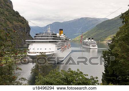 Picture - Cruise ships in the fjord, Aurlandsfjord, Flam, Sognefjord, Norway. Fotosearch