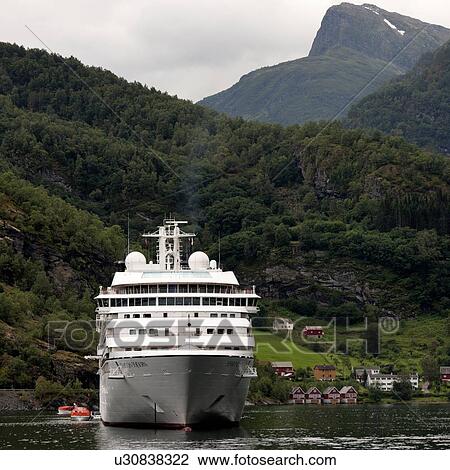 Stock Image - Ferry in the fjord, Flam, Aurlandsfjord, Sognefjord, Norway. Fotosearch