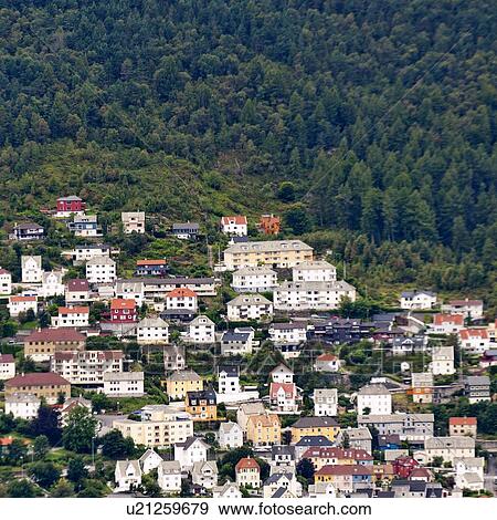 Stock Photo - High angle view of a cityscape, Bergen, Norway. Fotosearch