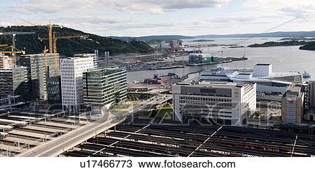 Stock Image - High angle view of buildings at waterfront, Oslofjord, Oslo, Norway. Fotosearch