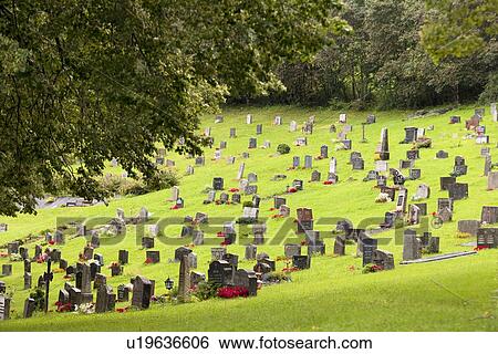 Stock Photograph - High angle view of cemetery, Granvin, Hordaland County, Norway. Fotosearch