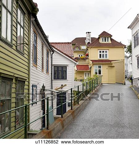 Stock Image - Houses along a bridge, Bergen, Norway. Fotosearch