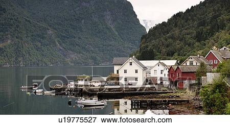 Stock Photo - Houses at the riverside, Granvin, Hardangervidda, Hardanger, Norway. Fotosearch