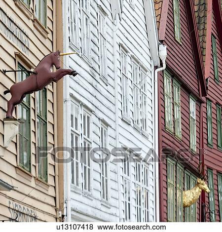 Low angle view of a unicorn statue on a building, Bryggen, Bergen, Norway View Large Photo Image Stock Photo - Low angle view of a unicorn statue on a building, Bryggen, Bergen, Norway. Fotosearch