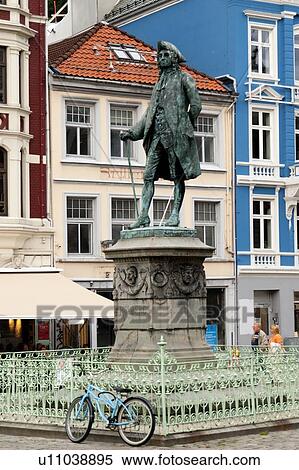 Stock Photography - Ludvig Holberg's monument at a town square, Bergen, Norway. Fotosearch