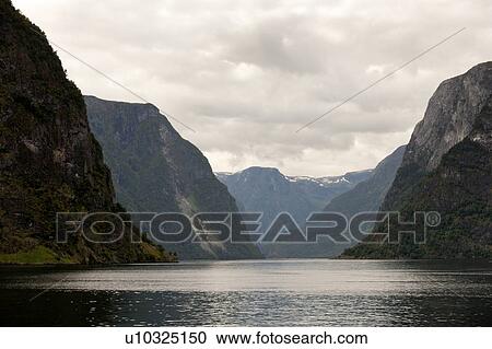 Stock Image - Mountains along the fjord, Sognefjord, Norway. Fotosearch