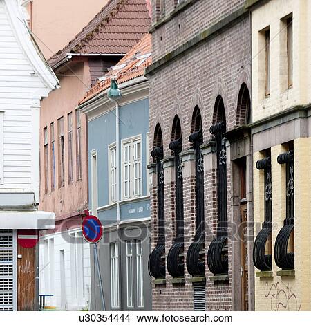 Picture - No stopping sign in a street, Bergen, Norway. Fotosearch