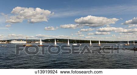 Picture - Sailboats and ship at Oslo Harbor, Oslofjord, Oslo, Norway. Fotosearch
