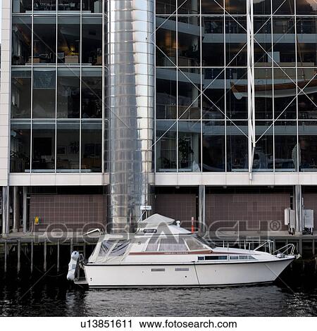 Stock Image - Speedboat moored at a marina, Bergen, Norway. Fotosearch