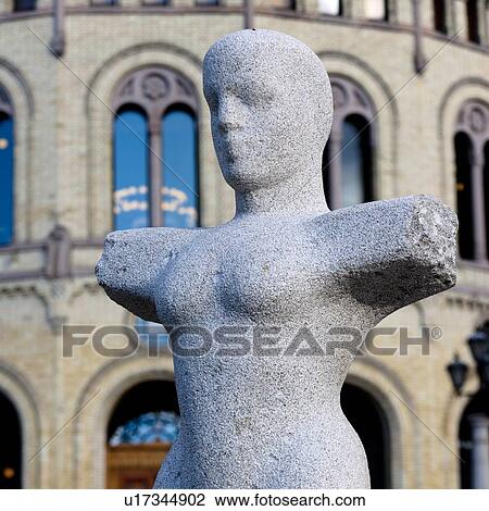 Stock Image - Statue in front of Norwegian Parliament building, Storting, Oslo, Norway. Fotosearch