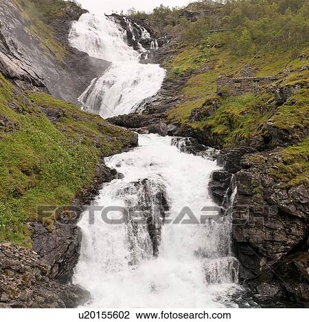 Stock Image - Waterfall, Kjosfossen, Aurland, Fjordane County, Norway. Fotosearch