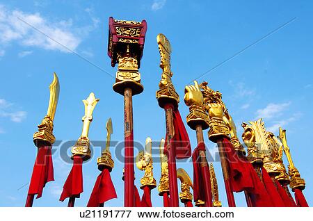 Stock Photo - Low angle view of flags in a mazu festival, China. Fotosearch