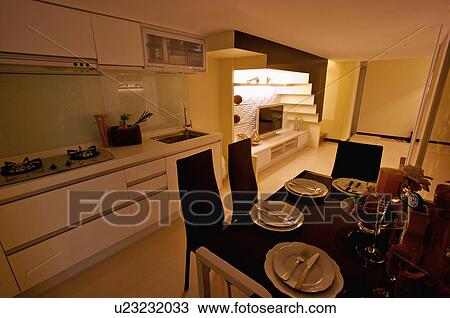 Stock Image - Modern Interior Design - Dining Room in a Domestic Kitchen. Fotosearch