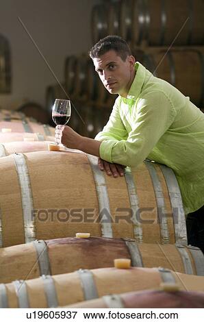 Young man in wine cellar with glass of red wine View Large Photo Image Stock Photo - Young man in wine cellar with glass of red wine. Fotosearch