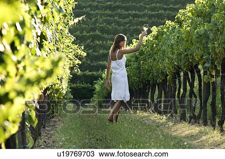 Stock Image - Young woman in vineyard holding wine glass. Fotosearch