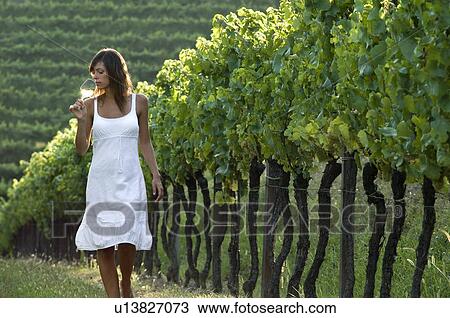 Stock Image - Young woman in vineyard sniffing wine glass. Fotosearch