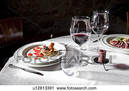 Table setting with food and wine View Large Photo Image Stock Image - Table setting with food and wine. Fotosearch