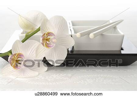Stock Photo - Bowls with orchid blossoms and chopsticks. Fotosearch