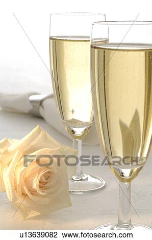 Two glasses of sparkling wine and a white rose blossom View Large Photo Image Stock Image - Two glasses of sparkling wine and a white rose blossom. Fotosearch