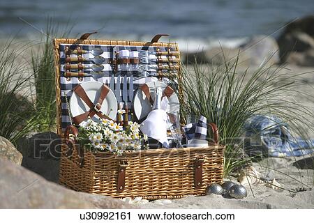 Stock Image - Picnic basket at the sea. Fotosearch