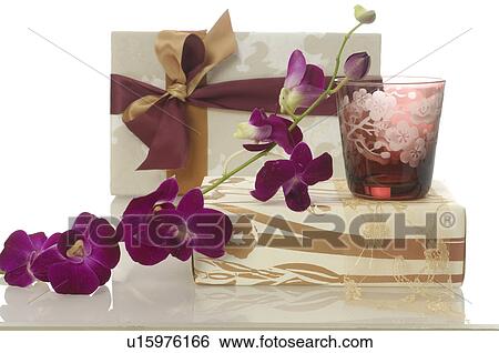 Table lantern, orchid blossoms and gifts View Large Photo Image Stock Photograph - Table lantern, orchid blossoms and gifts. Fotosearch