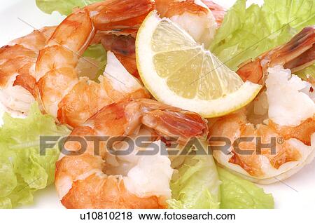 Stock Photo - Shrimps with salad and lemon. Fotosearch
