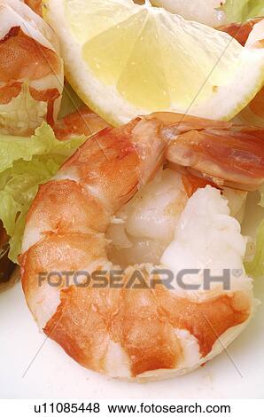 Shrimps with salad and lemon View Large Photo Image Stock Photo - Shrimps with salad and lemon. Fotosearch