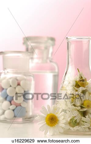 Stock Photo - Camomile blossoms and pills in a bottle. Fotosearch