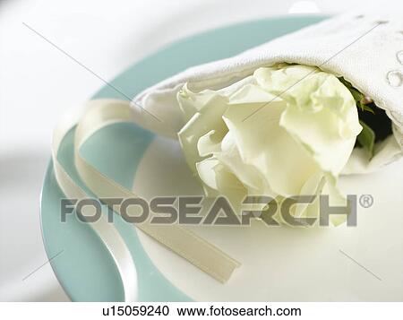 Stock Image - White rose wrapped in a napkin. Fotosearch