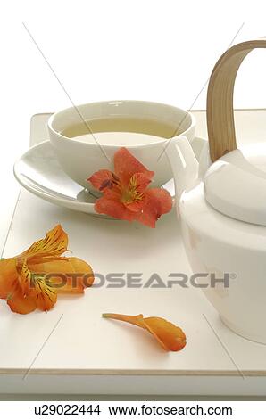 Picture - Asian style teapot and teacup with blossoms. Fotosearch