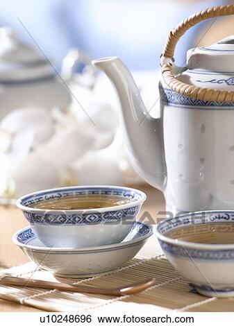 Stock Photograph - Green tea in asian teapot and teacup. Fotosearch