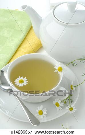 Stock Photo - Teapot and teacup with camomile blossoms. Fotosearch