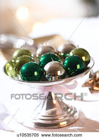 Glossy Christmas tree ball candles in a silver bowl View Large Photo Image Stock Photography - Glossy Christmas tree ball candles in a silver bowl. Fotosearch