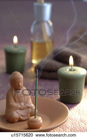 Stock Image - Arrangement of a Buddha. Fotosearch