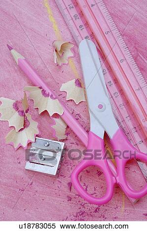 Crayon, scissors, pencil sharpener and ruler View Large Photo Image Stock Photography - Crayon, scissors, pencil sharpener and ruler. Fotosearch