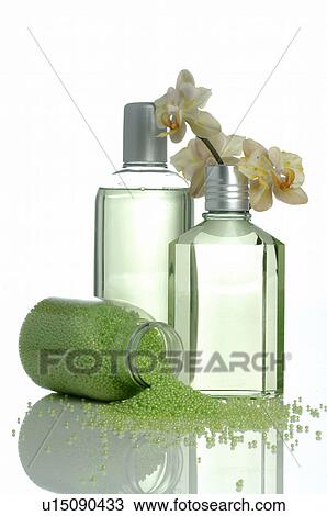 Stock Image - Men's Spa: Small bottles and bath salts. Fotosearch