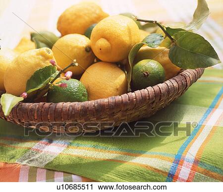 Stock Image - Basket with lemons and limes. Fotosearch