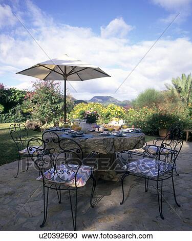 Breakfast table with parasol on the terrace View Large Photo Image Stock Image - Breakfast table with parasol on the terrace. Fotosearch