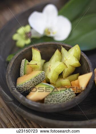 Stock Image - melon, Carambola and orchids. Fotosearch