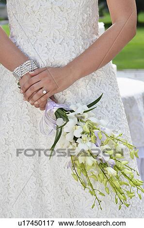 Stock Photo - Bride holding wedding bouquet, midsection. Fotosearch