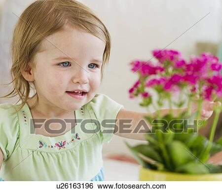 Portrait of girl (2-3) looking at flowers View Large Photo Image Stock Photograph - Portrait of girl (2-3) looking at flowers. Fotosearch
