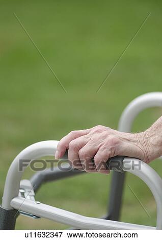 Stock Photo - Senior walking with walker, close-up of hands. Fotosearch