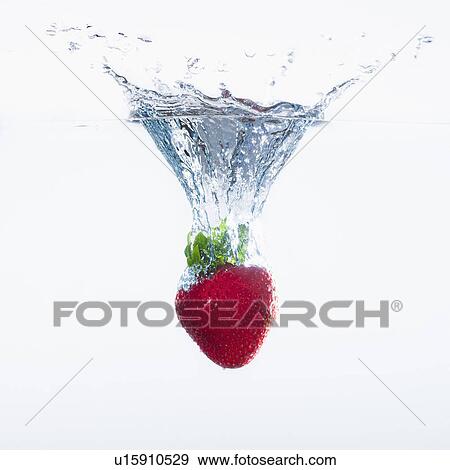 Stock Photo - Strawberry splashing into water, studio shot. Fotosearch