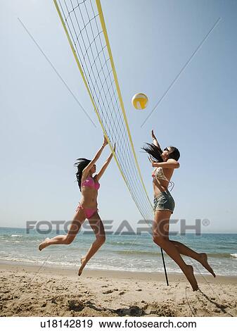 Two attractive young women playing beach volleyball View Large Photo Image Stock Photo - Two attractive young women playing beach volleyball . Fotosearch