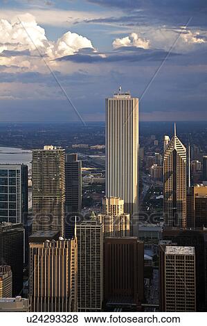 Stock Photo - USA, Illinois, Chicago, AON Center, Aqua Building and Prudential Building in downtown district. Fotosearch