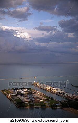 USA, Illinois, Chicago, Olive Park, Water Filtration Plant and Navy Pier on Lake Michigan seen from Hancock Tower View Large Photo Image Stock Image - USA, Illinois, Chicago, Olive Park, Water Filtration Plant and Navy Pier on Lake Michigan seen from Hancock Tower. Fotosearch