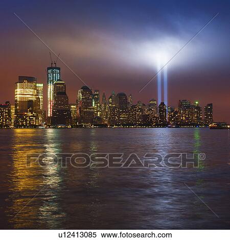 USA, New York, New York City, Cityscape at night with tribute in light View Large Photo Image Stock Photography - USA, New York, New York City, Cityscape at night with tribute in light. Fotosearch