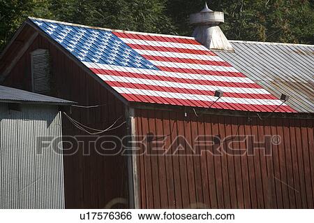 Usa New York State Chester Barn With American Flag On Roof
